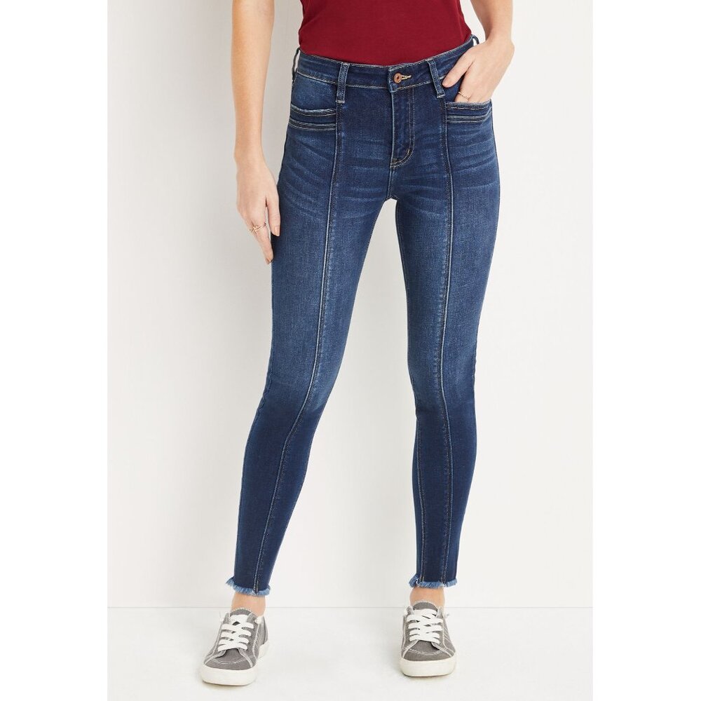 KANCAN Jeans Womens 23 Skinny High Rise Front Seam Raw Hem Dark Wash Denim